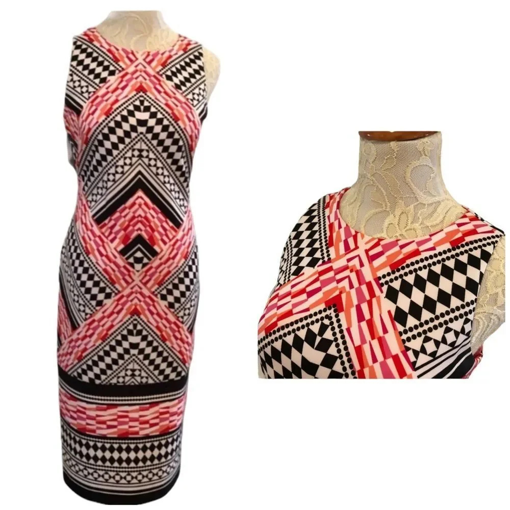 Vince Camuto Geometric Scuba Dress Black Pink - Picture 2 of 9